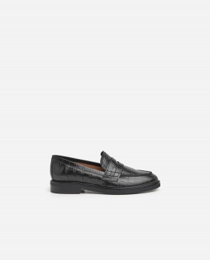 Loafersy Buty Flattered Sara Croco Skórzane Czarne | PPLQX76584