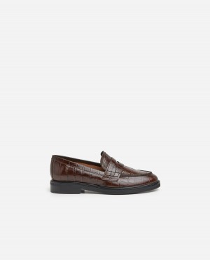 Loafersy Buty Flattered Sara Croco Skórzane Brązowe | QPLUV82384