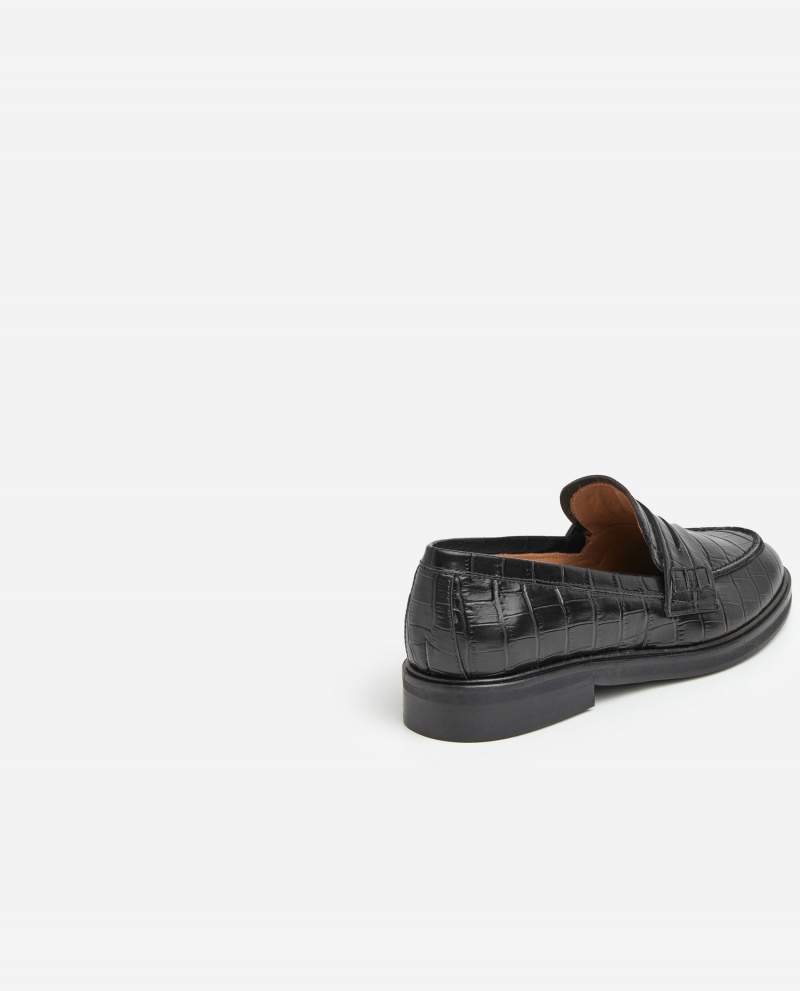 Loafersy Buty Flattered Sara Croco Skórzane Czarne | PPLQX76584