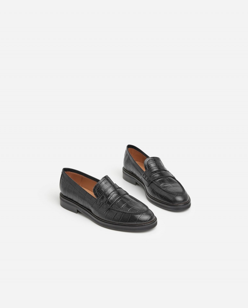 Loafersy Buty Flattered Sara Croco Skórzane Czarne | PPLQX76584