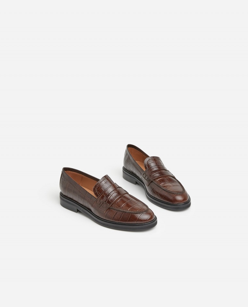 Loafersy Buty Flattered Sara Croco Skórzane Brązowe | QPLUV82384